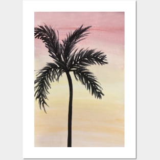 Watercolor Pink yellow orange sky and palm tree watercolour painting Posters and Art